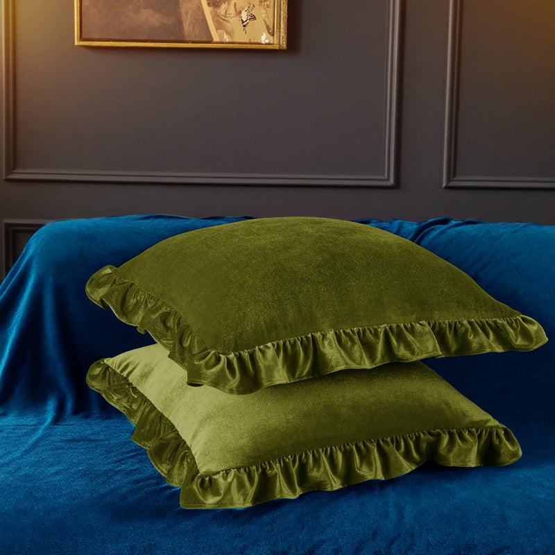 Cobedzy Velvet Throw Pillow Covers Set of 2, Soft Decorative Ruffle Cushion Cases for Couch Sofa Bedroom, 18 x 18 Inches, Olive Green - Image 4