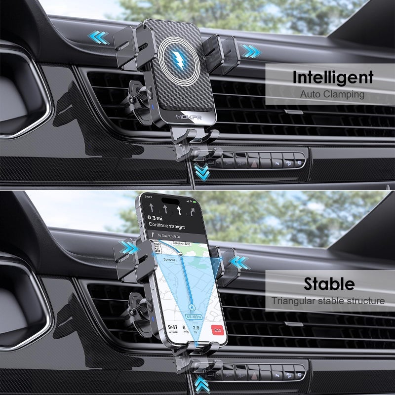 MOKPR Wireless Car Charger, MOKPR 15W Fast Charging Auto-Clamping Car Charger Phone Mount Air Vent Cell Phone Holder Compatible iPhone 16/15/14/13/13 Pro/12 pro/12/11, Samsung Galaxy S23/S22/S21/S20, etc - Image 2