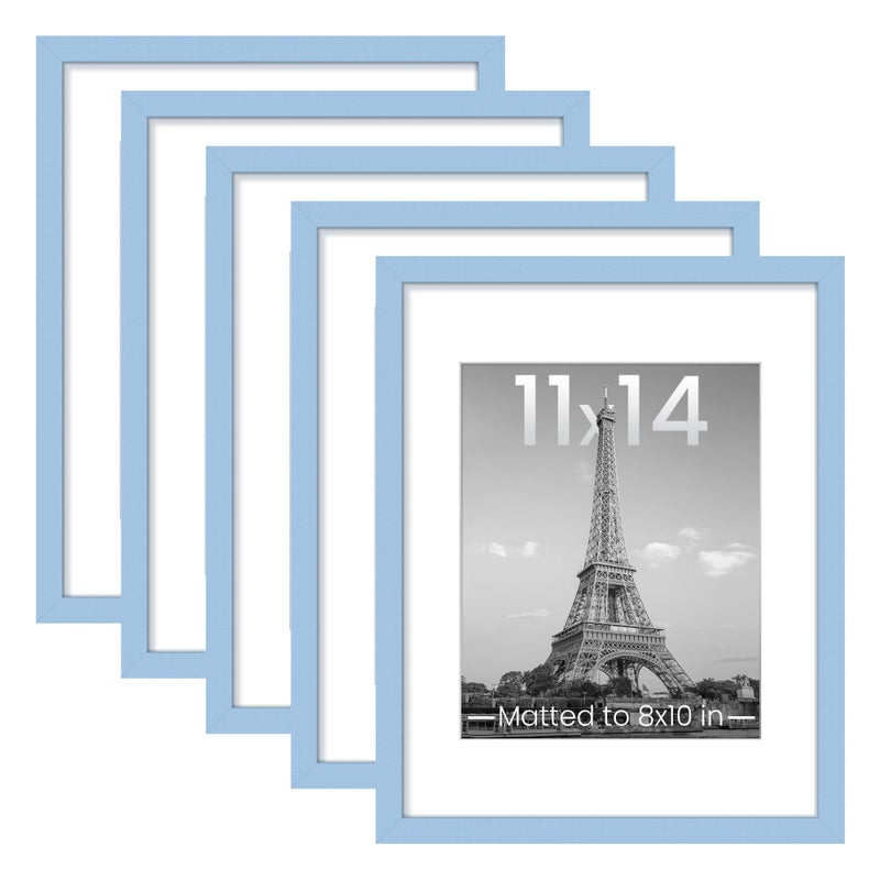 upsimples 11x14 Picture Frame Set of 5, Display Pictures 8x10 with Mat or 11x14 Without, Wall Gallery Photo Frames, Blue - Image 1