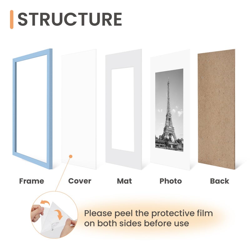 upsimples 11x14 Picture Frame Set of 5, Display Pictures 8x10 with Mat or 11x14 Without, Wall Gallery Photo Frames, Blue - Image 3