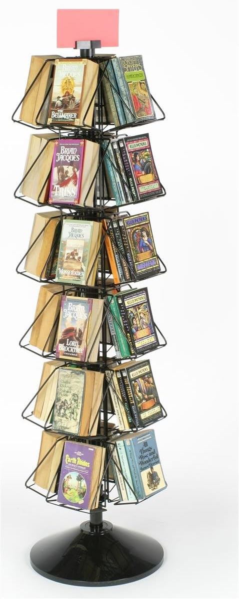 Displays2go Wire Display Rack for Small Books or DVDs 24Pocket FloorStanding Fixture 360 Degree Rotating Stand  Black Welded Wire with Plastic Base and Sign Holder - Image 1