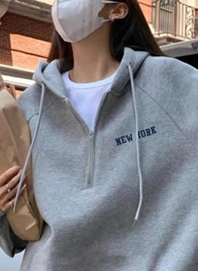 Take Two Grey Relaxed Fit Hoodie with Quarter Zip