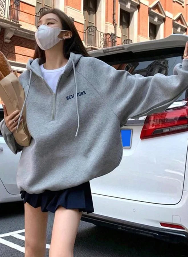 Take Two Take Two Grey Relaxed Fit Hoodie with Quarter Zip