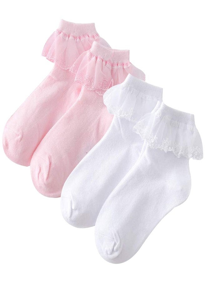 Looching 4 Pairs Toddler Baby Girls Lace Princess Socks Cotton Ruffled Solid Ankle Socks - Image 1