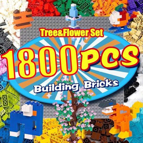 cumeysnon 1800 Pieces Building Bricks SetBuilding Bulks Blocks with 1 Packs 24x24 Studs Sticky Plates205 Pcs Flowers and Tree Set 14 Colors 18 Random Bulk Shapes Creative Toy Gift for Boys Girls - Image 1