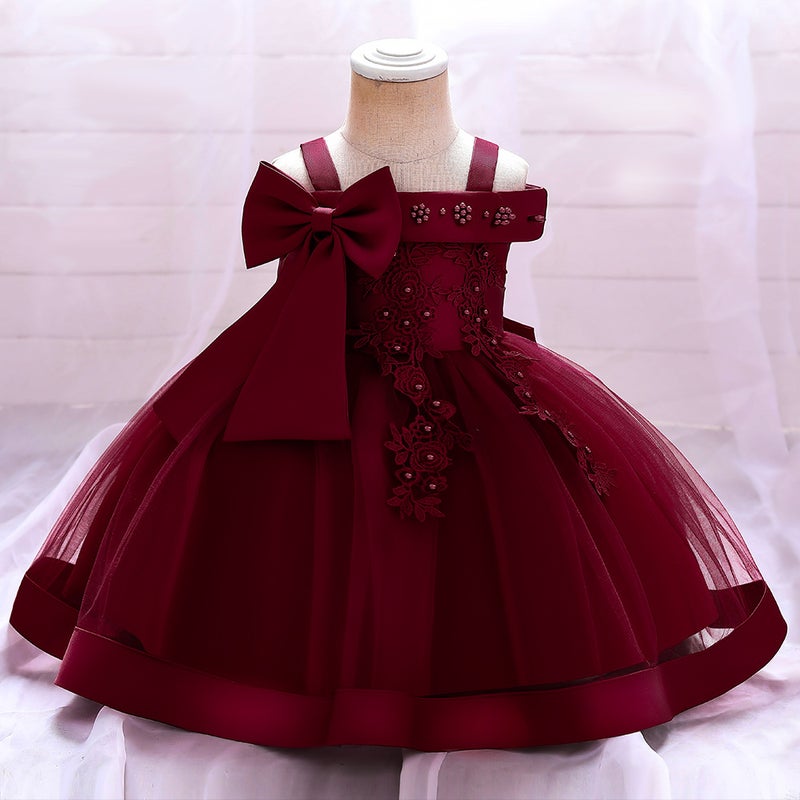 Pearl Flower Shoulder Girls Dress 2024 L5081XZ-Bordeaux