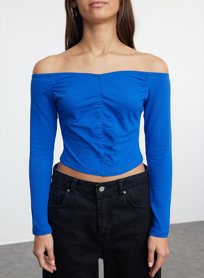 trendyol Sax Ruffle/Drape Detailed Carmen Collar Crop/Short Fitted/Closed Knitted Blouse TWOAW25BZ00179  - Image 3