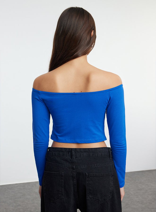 trendyol Sax Ruffle/Drape Detailed Carmen Collar Crop/Short Fitted/Closed Knitted Blouse TWOAW25BZ00179  - Image 5