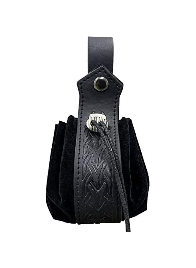 Medieval Faux Leather Drawstring Pouch, Retro Nordic Portable Coin Purse, Vintage Belt Pouch Dice Bag For LARP Ren Faire (Black B)  - Image 2