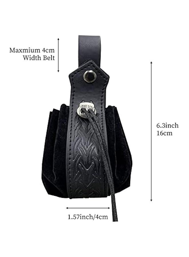 Medieval Faux Leather Drawstring Pouch, Retro Nordic Portable Coin Purse, Vintage Belt Pouch Dice Bag For LARP Ren Faire (Black B)  - Image 5