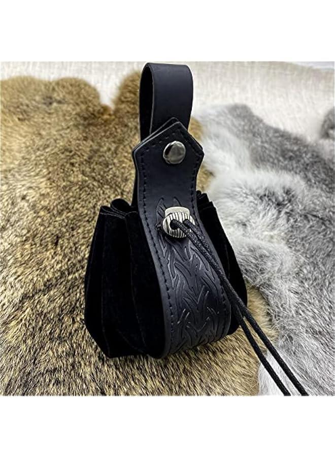 Medieval Faux Leather Drawstring Pouch, Retro Nordic Portable Coin Purse, Vintage Belt Pouch Dice Bag For LARP Ren Faire (Black B)  - Image 3