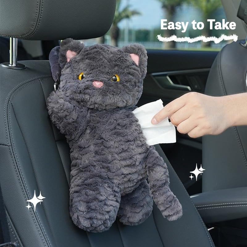 WASTROYAL Cute Cat Car Tissue Holder Plush Kitten Paper Box for Backseat Adorable Hanging Organizer & Decor for Women Pet Lovers & Gifts (Black) - Image 5