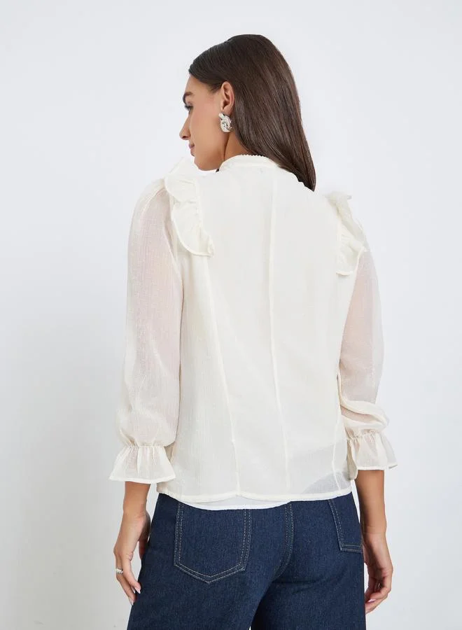 Styli  Beige Ruffle Tie-Up Neck Blouse for Women | Best Price UAE