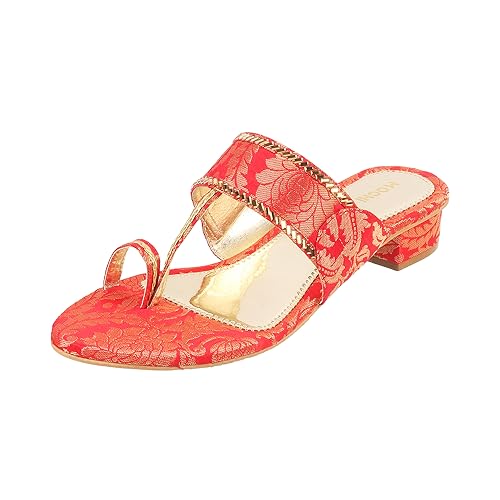 Mochi Women Red Ethnicwear Kolhapuri Block Heel Sandal UK/5 EU/38 (35-789) - Image 1