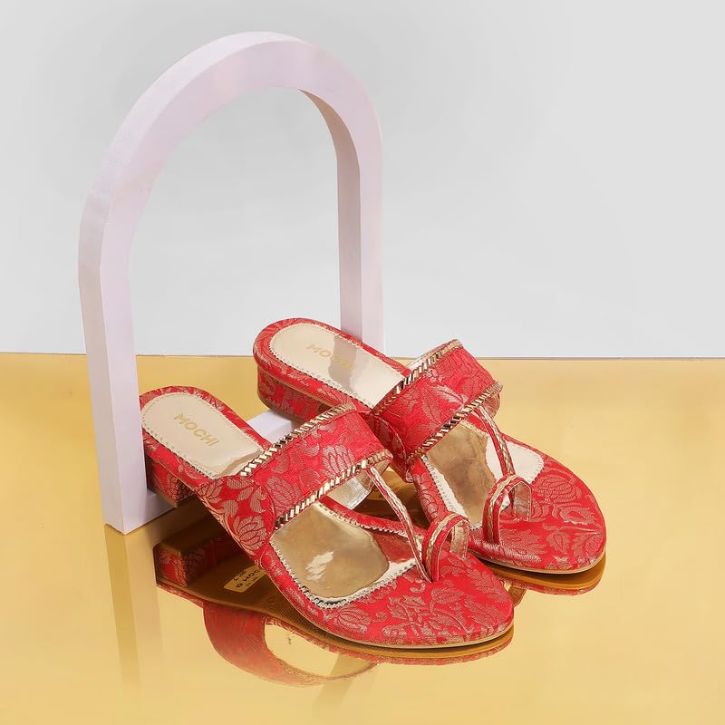 Mochi Women Red Ethnicwear Kolhapuri Block Heel Sandal UK/5 EU/38 (35-789) - Image 2