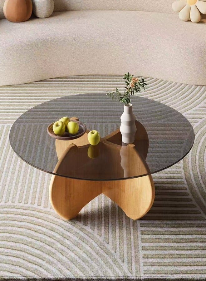 Raffine Multipurpose Modern Design Stylish Luxury Round Edges Tempered Glass and Premium Solid Wood Coffee Table Side Table Center Table for Bedroom Living Room Home Offices 80x35 Centimeter - Image 1