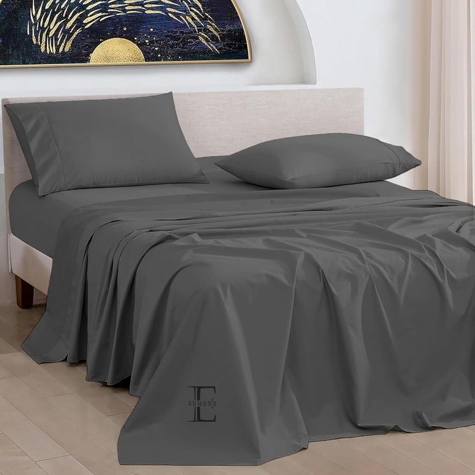 SUPER KING BED COTTON BEDSHEET 108X110 INCH SOFT SMOOTH 400 TC EGYPTIAN COTTON BEDSHEET SUPER KING BED WITH PILLOW COVER MACHINE WASHABLE BREATHABLE HYPOALLERGENIC DARK GREY