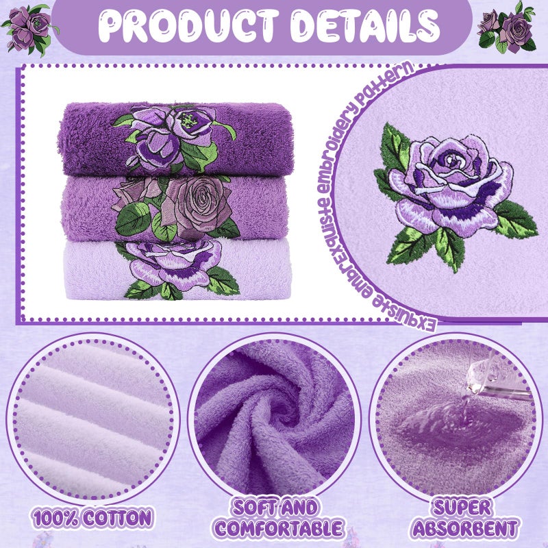 FuWeave 3 Pcs Purple Rose Hand Towels Lavender Purple Bathroom Decor Embroidered Floral Farmhouse Decorative Towels for Bathroom Kitchen Decor, 100% Cotton, 13. 3 x 29. 5'' - Image 3