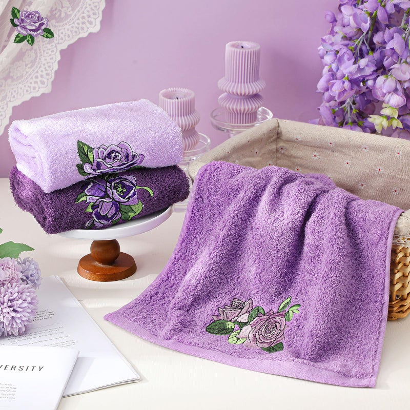 FuWeave 3 Pcs Purple Rose Hand Towels Lavender Purple Bathroom Decor Embroidered Floral Farmhouse Decorative Towels for Bathroom Kitchen Decor, 100% Cotton, 13. 3 x 29. 5'' - Image 4