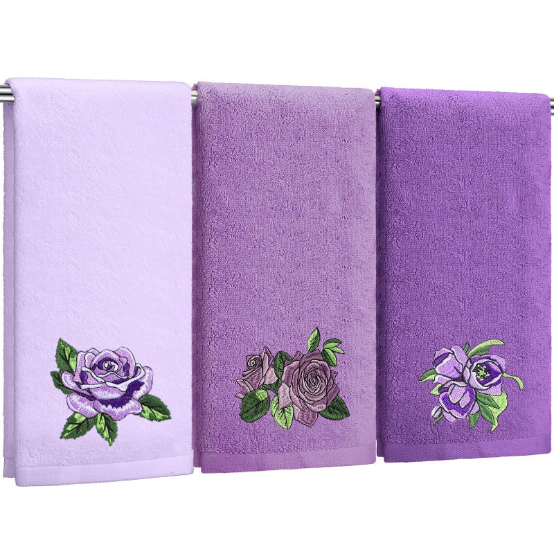 FuWeave 3 Pcs Purple Rose Hand Towels Lavender Purple Bathroom Decor Embroidered Floral Farmhouse Decorative Towels for Bathroom Kitchen Decor, 100% Cotton, 13. 3 x 29. 5'' - Image 1