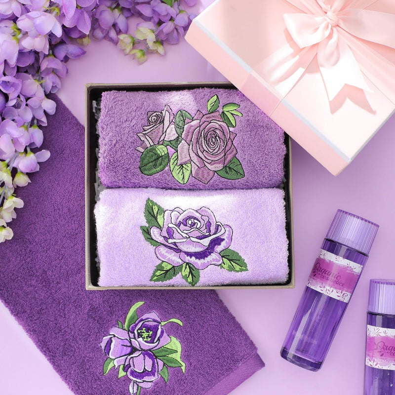 FuWeave 3 Pcs Purple Rose Hand Towels Lavender Purple Bathroom Decor Embroidered Floral Farmhouse Decorative Towels for Bathroom Kitchen Decor, 100% Cotton, 13. 3 x 29. 5'' - Image 5