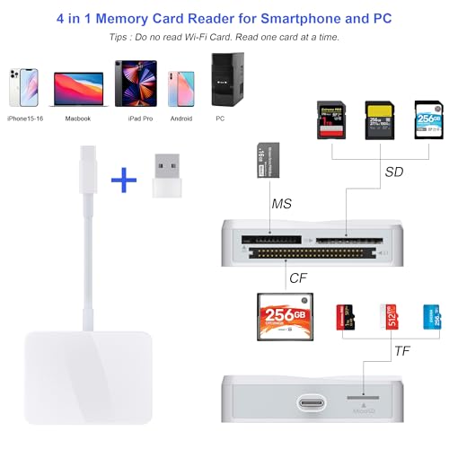 RRSITIAU SD Card Reader, 4 in 1 USB C to SD/TF/CF/MS Card Reader with USB to USB C Adapter Memroy Card Reader for iPhone 17/16/15 Pro Max iPad Pro MacBook Pro/Air iMac M4/M3/M2 Android Phone/Tablet PC (White) - Image 2