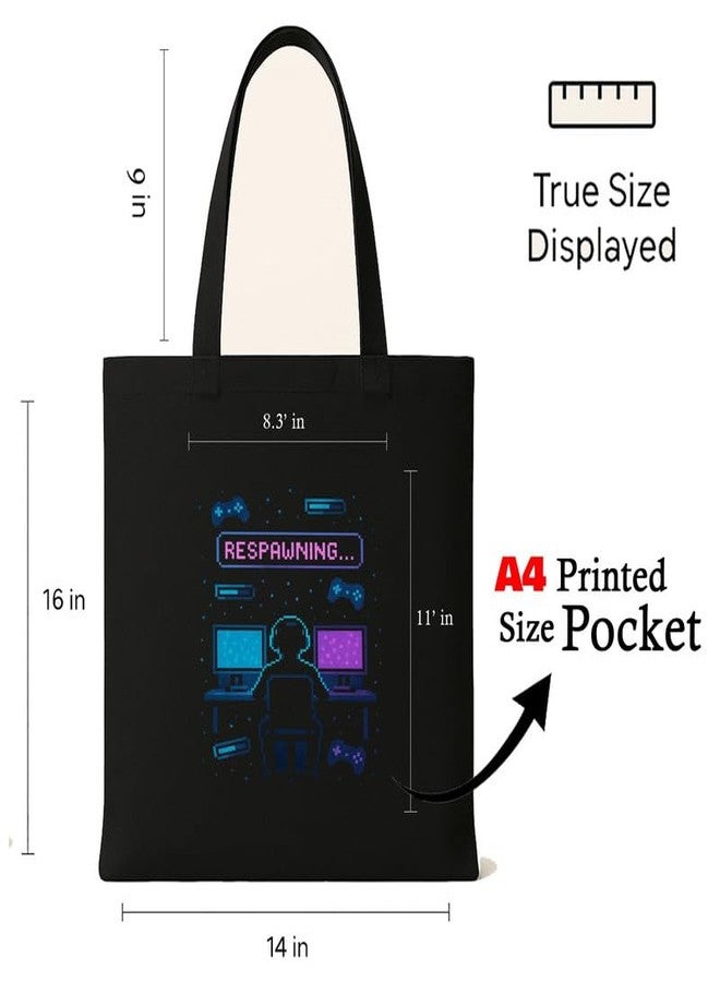 Megrok Pixel Respawn Tote Bag for Women | Front A4 Size Printed Pocket | 16x14 Inch Retro Gaming Cotton Bag | 8-Bit Nostalgia Design - Image 3