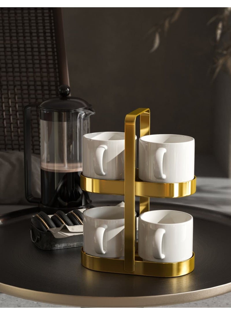 Smart Storage ✨ Premium 2-Tier Mug & Stand Set – White Edition, Ceramic Cups with Gold Carbon Steel Rack, Space-Saving Coffee Mug Holder. - Image 3