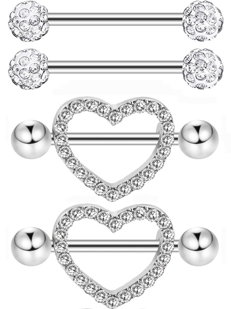 JOVITEC 2 Pairs Stainless Steel Nipple Ring Cz Barbell Rhinestone Body Jewelry for Tongue Nipple Piercing 14 g(Silver) - Image 1