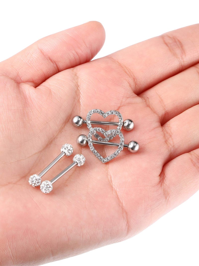 JOVITEC 2 Pairs Stainless Steel Nipple Ring Cz Barbell Rhinestone Body Jewelry for Tongue Nipple Piercing 14 g(Silver) - Image 4