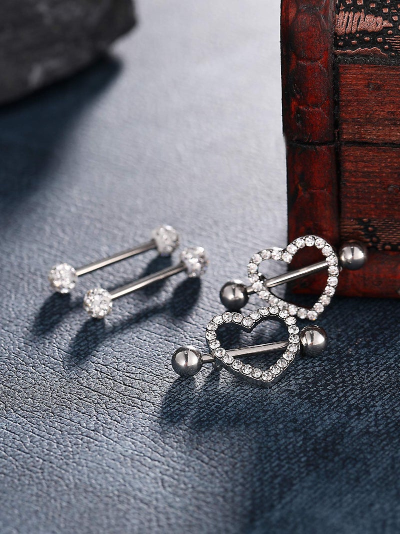 JOVITEC 2 Pairs Stainless Steel Nipple Ring Cz Barbell Rhinestone Body Jewelry for Tongue Nipple Piercing 14 g(Silver) - Image 5