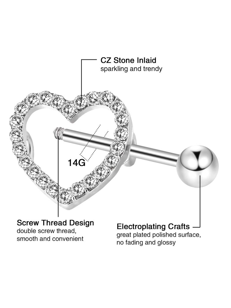 JOVITEC 2 Pairs Stainless Steel Nipple Ring Cz Barbell Rhinestone Body Jewelry for Tongue Nipple Piercing 14 g(Silver) - Image 3