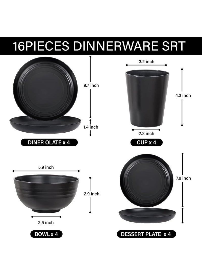 Large Kitchen Straw Dinnerware 16-Piece - Unbreakable Deep Dishwasher Safe Plastic Plates Reusable for Kids, Toddlers and Adults - Black - Image 2