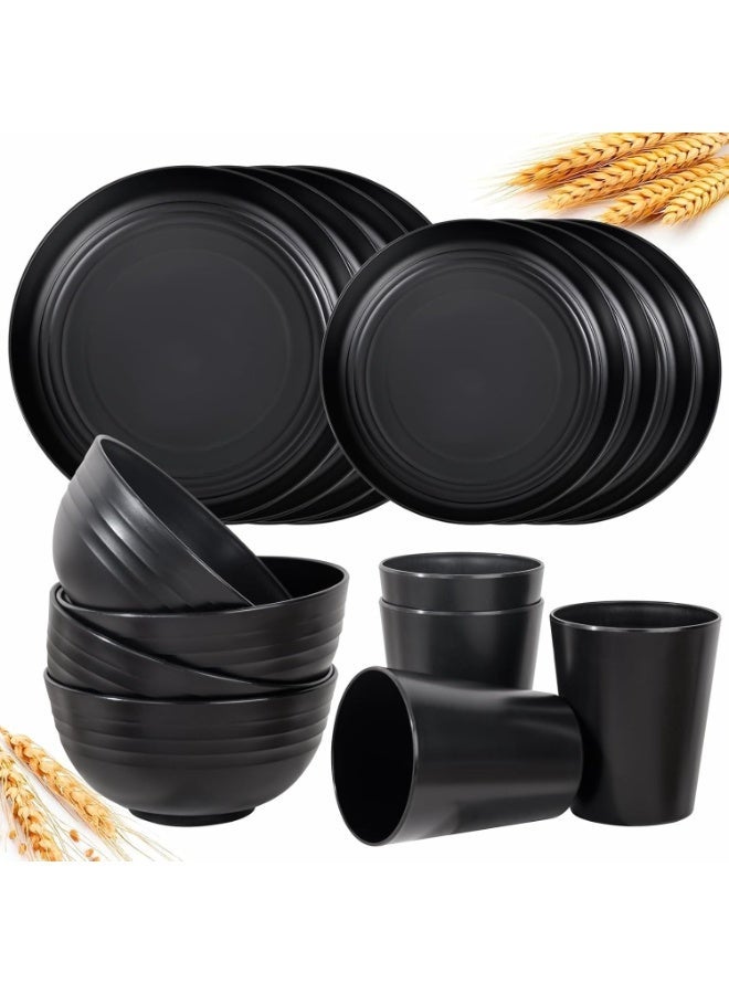 Large Kitchen Straw Dinnerware 16-Piece - Unbreakable Deep Dishwasher Safe Plastic Plates Reusable for Kids, Toddlers and Adults - Black - Image 1