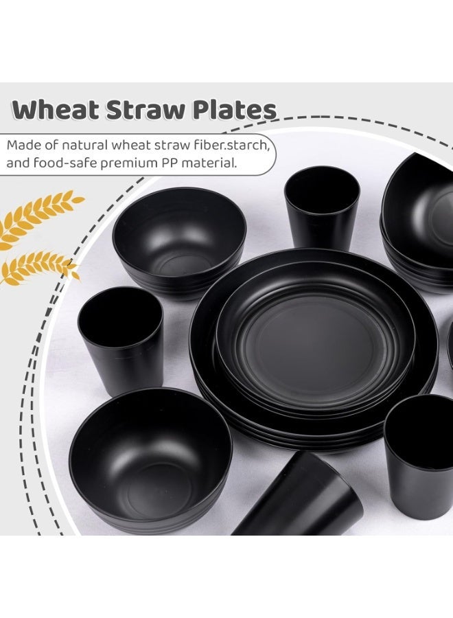 Large Kitchen Straw Dinnerware 16-Piece - Unbreakable Deep Dishwasher Safe Plastic Plates Reusable for Kids, Toddlers and Adults - Black - Image 3
