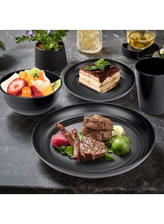 Large Kitchen Straw Dinnerware 16-Piece - Unbreakable Deep Dishwasher Safe Plastic Plates Reusable for Kids, Toddlers and Adults - Black - Image 4