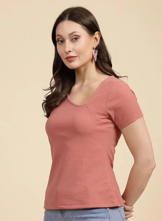 Freehand Freehand Women Pink Slim Fit Top with Asymmetric Neck