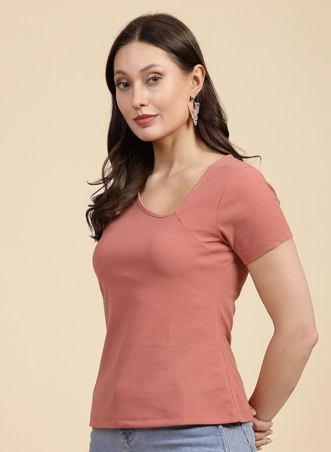 مرفوعة بلوزة نسائية وردية بقصة ضيقة وياقة غير متماثلة من فري هاند - Image 5