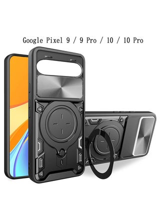 for Google Pixel 9 / 9 Pro / 10 / 10 Pro Case, Slide Camera Lens Cover, Magnetic Ring Holder Kickstand Protective Phone Case for Google Pixel 9/9 Pro, Black