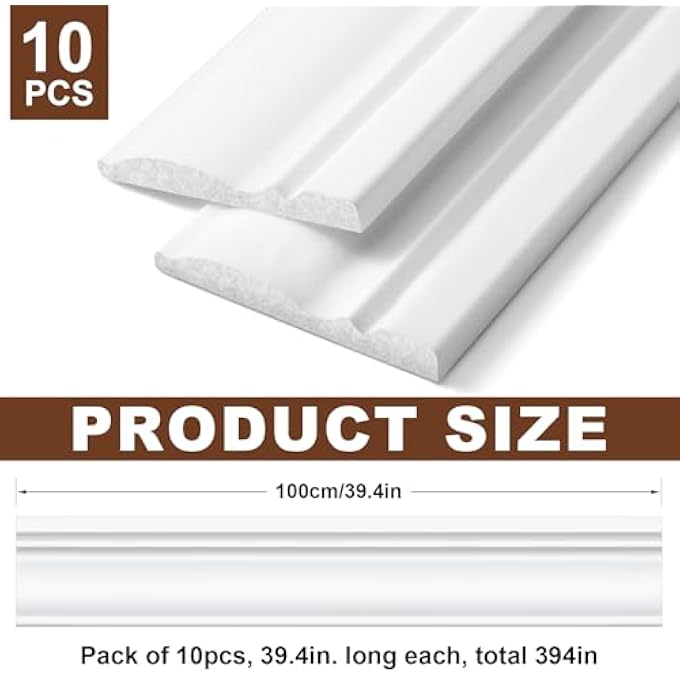 10 PCS WALL BASEBOARD MOLDING TRIM 39.4IN X 3.11IN WAINSCOTING PANELS WALL BASE ACCENT COVE BASE EASY DIY INSTALLATION FOR ROOM OFFICE, INSTALLED WITH GLUE NOT INCLUDE - Image 3