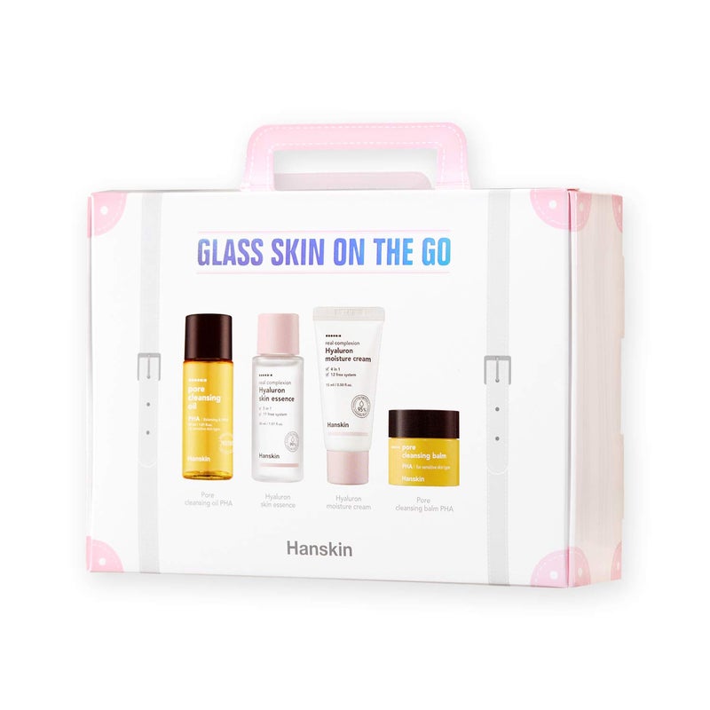 Hanskin Glass Skin On The Go Kit Set of 4 Moisturizing TravelFriendly Hydrating Skincare Set for Glowing Skin Cleansers Essence Toner and Moisturizer Korean Skincare
