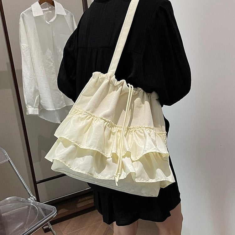 Women's Canvas Shoulder Bag with Ruffle Hem, Large Capacity - Image 1