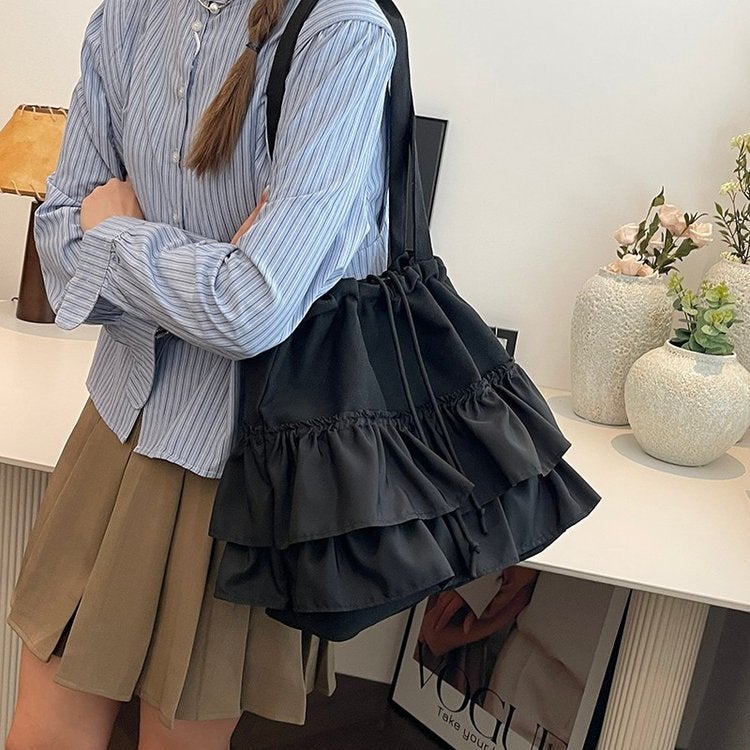 Women's Canvas Shoulder Bag with Ruffle Hem, Large Capacity - Image 3