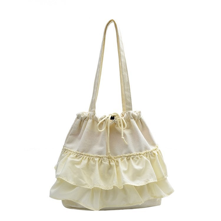 Women's Canvas Shoulder Bag with Ruffle Hem, Large Capacity - Image 5