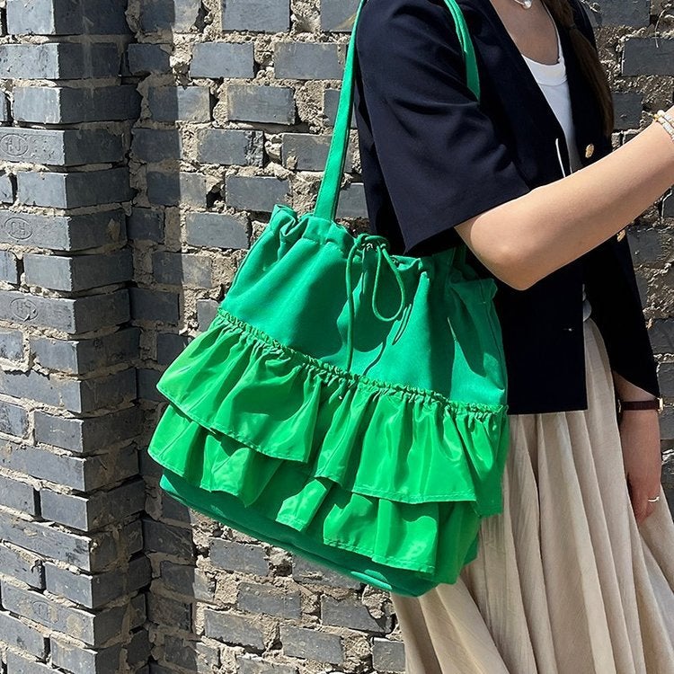 Women's Canvas Shoulder Bag with Ruffle Hem, Large Capacity - Image 2