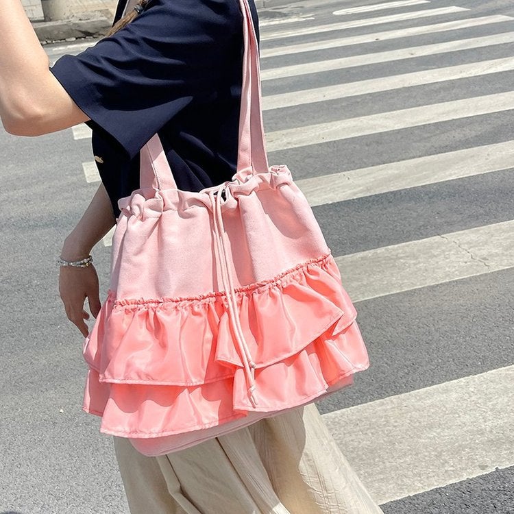 Women's Canvas Shoulder Bag with Ruffle Hem, Large Capacity - Image 4