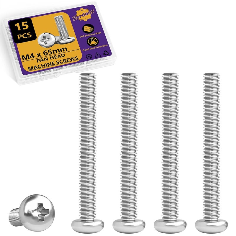 ZerDans M4 x 65mm Machine Screws, 15PCS Pan Head Machine Screws 304 Stainless Steel Metric Assortment, Truss Head Bolts, Full Thread, Phillips Drive for Furniture Repairs and 3D Printer - Image 1