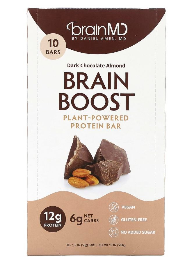 BRAINMD Brain Boost Plant-Powered Protein Bar Dark Chocolate Almond 10 Bars 1.5 oz (50 g) Each - Image 2