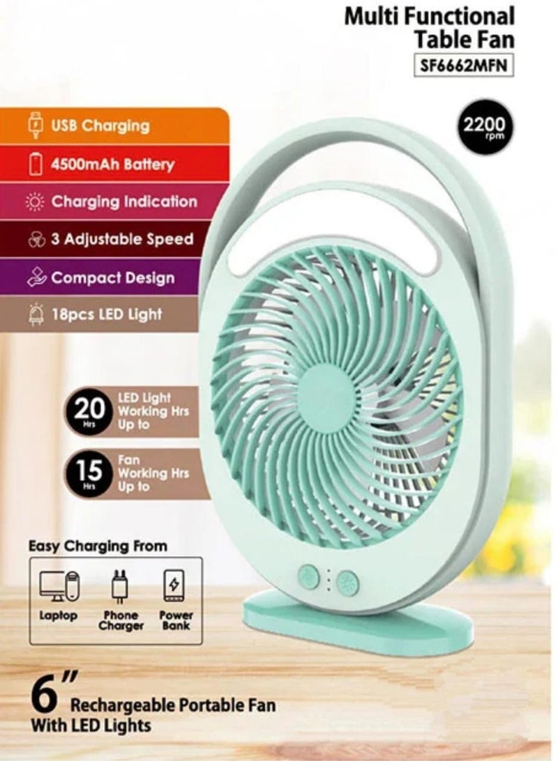 Multifunction Rechargeable Table Fan 6-Inch with LED Light | USB Charging | 3-Speed Control | Up to 20 Hours Working Time | Portable Mini Fan for Travel, Car, Office| Laptop, USB & Power Bank Charging - Image 2