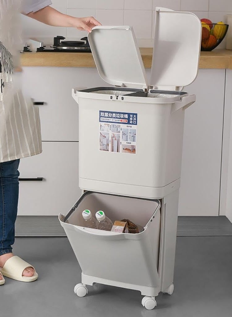 Dust Bin Kitchen, Recycling Pedal Bin with Double Compartments, 45L Capacity Waste Bin with Odor-Proof Lid - Easy Clean Indoor/Outdoor - Image 2